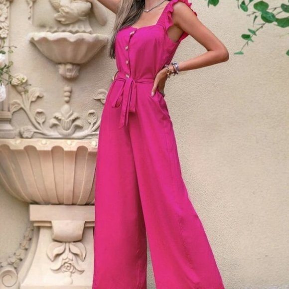 Ruffle Trim Belted Wide Leg Jumpsuit PINK - Picture 6 of 6
